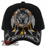 NEW! NATIVE PRIDE INDIAN AMERICAN FEATHERS WOLF CAP HAT BLACK