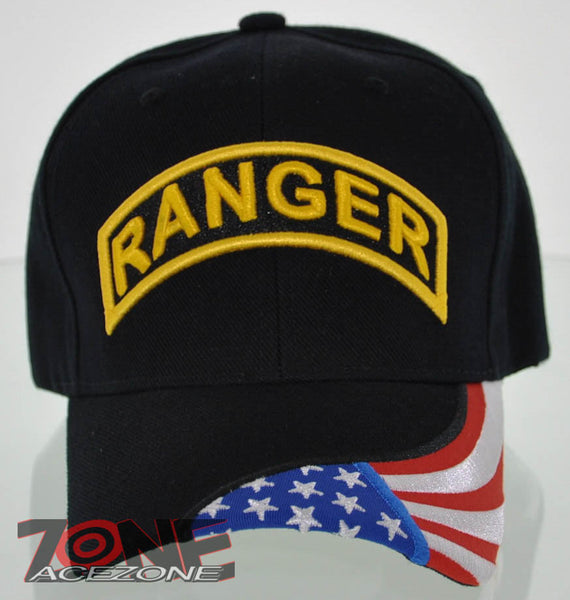 NEW! US ARMY RANGER SIDE FLAG CAP HAT BLACK