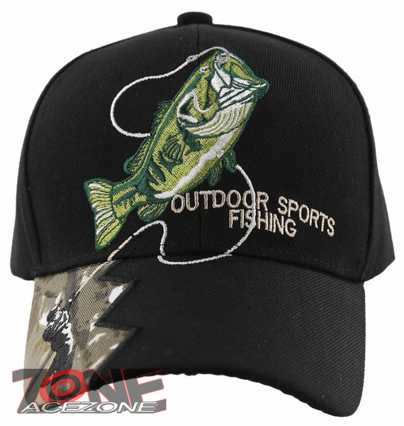 NEW! FISH BASS OUTDOOR SPORT FISHING BALL CAP HAT BLACK