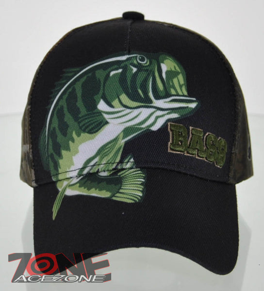 NEW! BIG BASS PRINT FISHING CAP HAT CAMO BLACK –