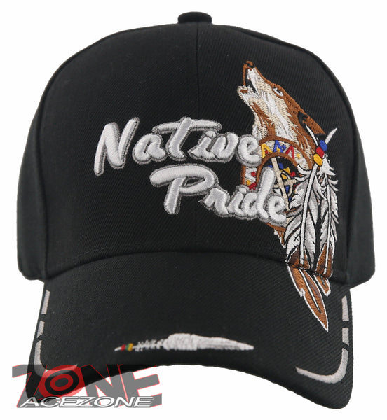 NEW! NATIVE PRIDE INDIAN AMERICAN WOLF SIDE FEATHERS CAP HAT BLACK