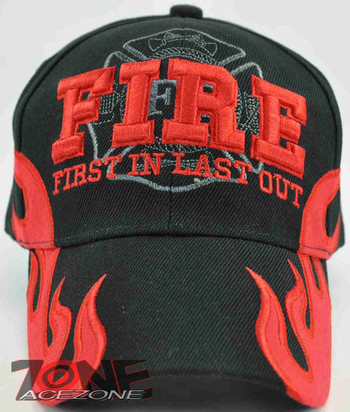 FIRE DEPT FIRE FIRST IN LAST OUT FLAMES CAP HAT BLACK