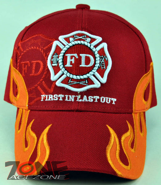 FD FIRE DEPT FIRST IN LAST OUT FLAMES N1 CAP HAT RED