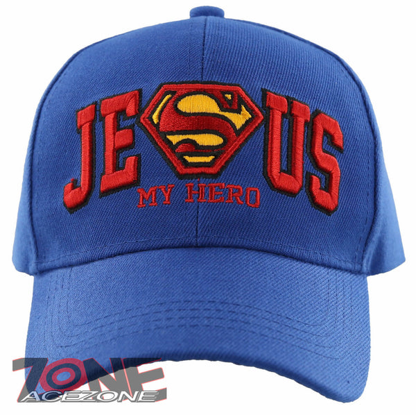 NEW! SUPER JESUS MY HERO CHRISTIAN BALL CAP HAT ROYAL BLUE