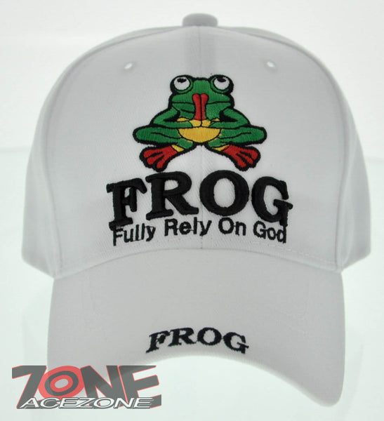 NEW F.R.O.G. FULLY RELY ON GOD PRAYING FROG JESUS CHRISTIAN BALL CAP HAT WHITE