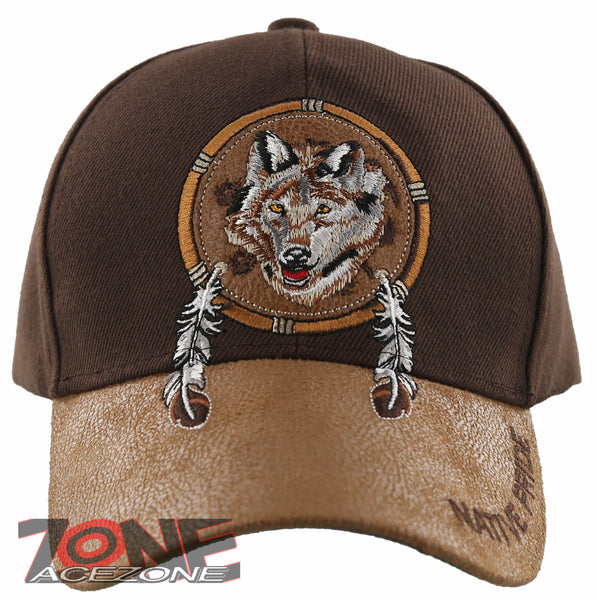 NEW! NATIVE PRIDE WOLF FEATHERS FAUX LEATHER BASEBALL CAP HAT BROWN