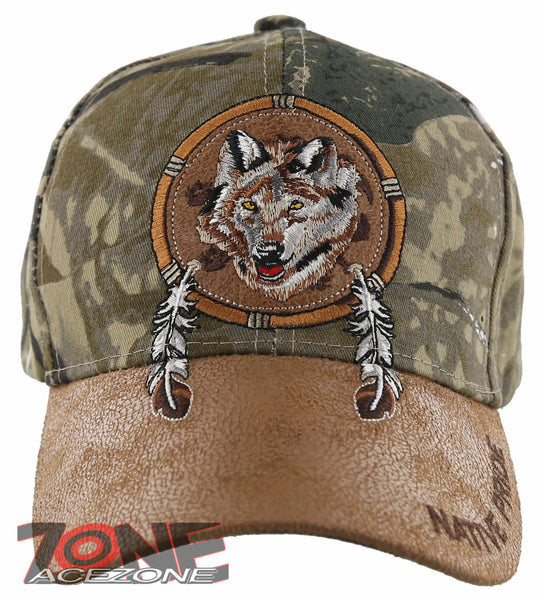 NEW! NATIVE PRIDE WOLF FEATHERS FAUX LEATHER BASEBALL CAP HAT CAMO