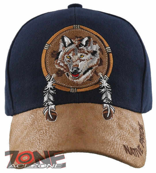 NEW! NATIVE PRIDE WOLF FEATHERS FAUX LEATHER BASEBALL CAP HAT NAVY
