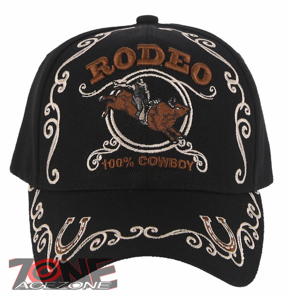 NEW! RODEO 100% COWBOY RIDER HORSESHOE COWBOY BASEBALL CAP HAT BLACK