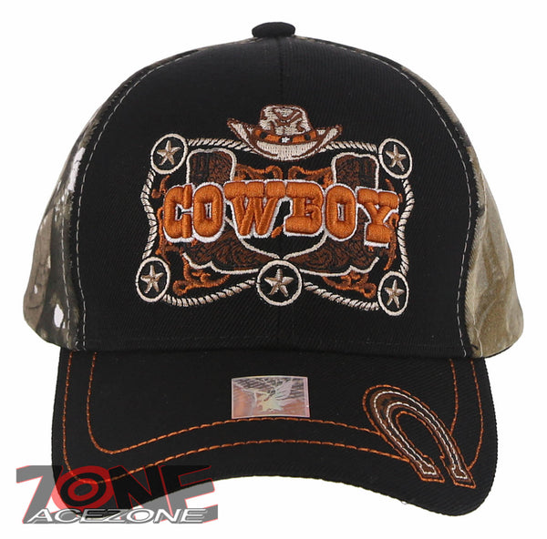 NEW! COWBOY STAR HAT BOOTS HORSESHOE COWBOY BASEBALL CAP HAT BLACK CAMO