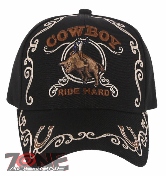 NEW! COWBOY RIDE HARD RIDER HORSESHOE COWBOY BASEBALL CAP HAT BLACK