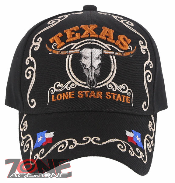 NEW! TEXAS COW SKULL BULL HEAD LONE STAR STATE FLAG BASEBALL CAP HAT BLACK