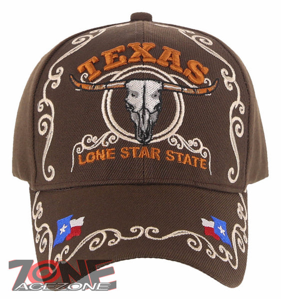 NEW! TEXAS COW SKULL BULL HEAD LONE STAR STATE FLAG BASEBALL CAP HAT BROWN
