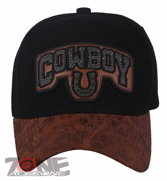 COWBOY HORSESHOE FAUX VISOR LEATHER BASEBALL CAP HAT BLACK