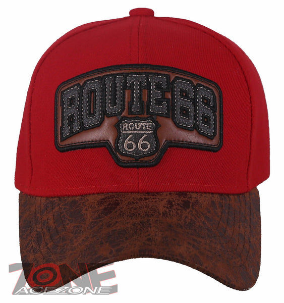 USA US ROUTE 66 FAUX VISOR LEATHER BASEBALL CAP HAT RED
