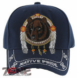 NEW! NATIVE PRIDE INDIAN AMERICAN FEATHERS BEAR CAP HAT NAVY