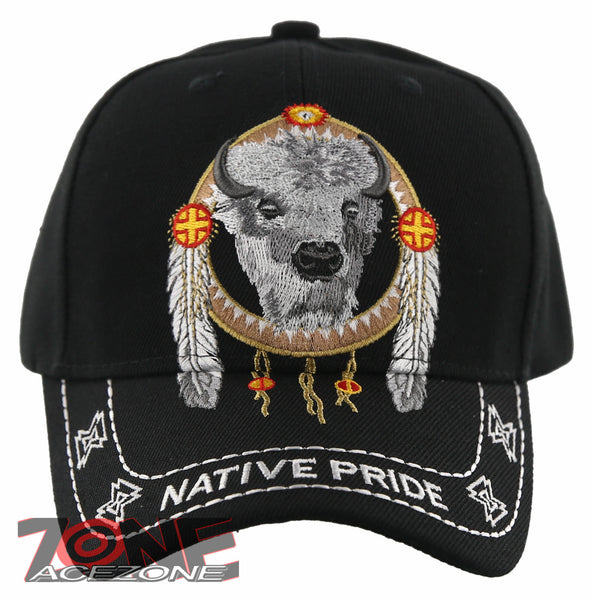 NEW! NATIVE PRIDE INDIAN AMERICAN FEATHERS BUFFALO CAP HAT BLACK