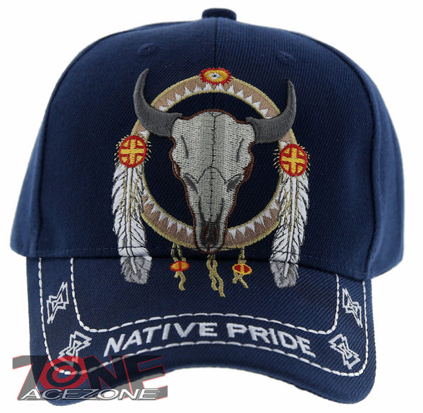 NEW! NATIVE PRIDE INDIAN AMERICAN FEATHERS BUFFALO SKULL CAP HAT NAVY