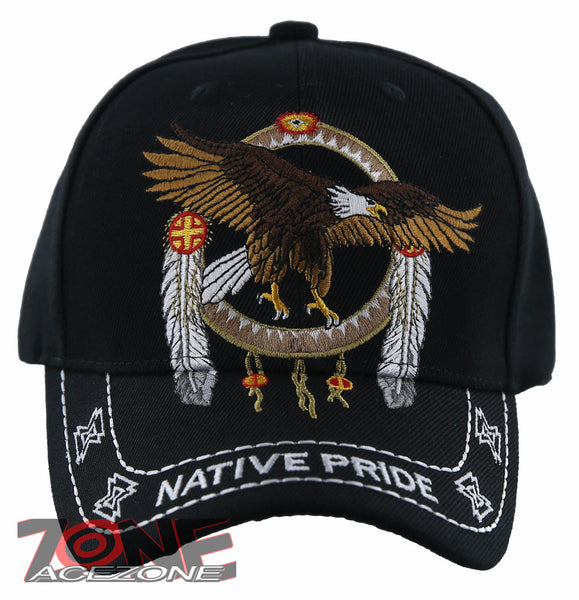 NEW! NATIVE PRIDE INDIAN AMERICAN FEATHERS BIG EAGLE CAP HAT ALL BLACK