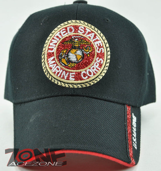NEW! ROUND GLITTER USMC MARINE CORPS CAP HAT BLACK