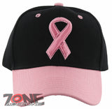 NEW! WOMENS BREAST CANCER PINK RIBBON BALL CAP HAT ALL BLACK PINK