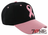 NEW! WOMENS BREAST CANCER PINK RIBBON BALL CAP HAT ALL BLACK PINK