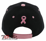 NEW! WOMENS BREAST CANCER PINK RIBBON BALL CAP HAT ALL BLACK PINK
