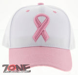 NEW! WOMENS BREAST CANCER PINK RIBBON BALL CAP HAT ALL WHITE PINK