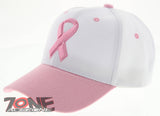 NEW! WOMENS BREAST CANCER PINK RIBBON BALL CAP HAT ALL WHITE PINK