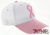 NEW! WOMENS BREAST CANCER PINK RIBBON BALL CAP HAT ALL WHITE PINK