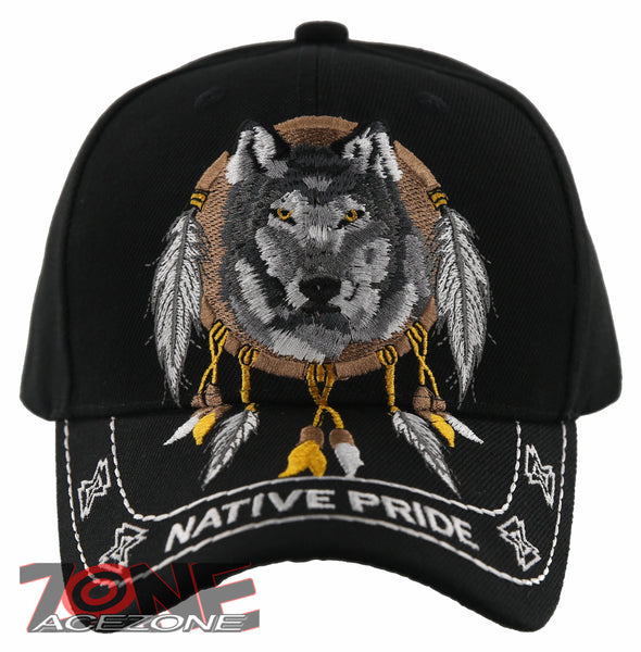 NEW! NATIVE PRIDE INDIAN AMERICAN FEATHERS WOLF CAP HAT BLACK