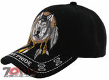 NEW! NATIVE PRIDE INDIAN AMERICAN FEATHERS WOLF CAP HAT BLACK