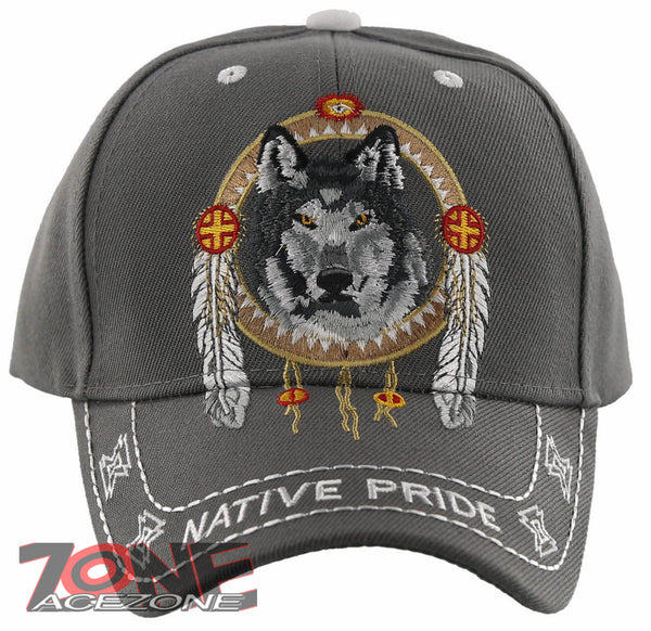 NEW! NATIVE PRIDE INDIAN AMERICAN FEATHERS WOLF CAP HAT GRAY