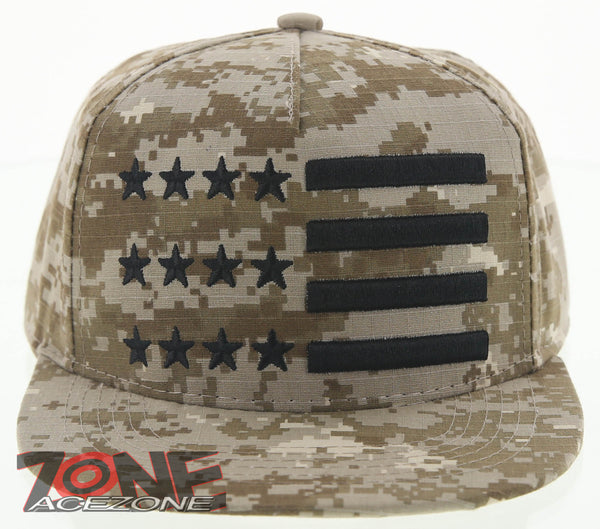 NEW! FLAT BILL USA FLAG STAR SNAPBACK BALL CAP HAT TAN CAMO