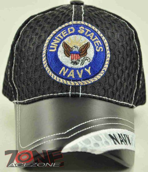 NEW! MESH W/LEATHER US NAVY ROUND NAVY CAP HAT BLACK