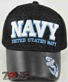 NEW! MESH W/LEATHER US NAVY USN CAP HAT BLACK