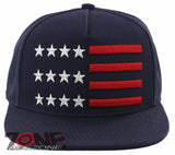 NEW! FLAT BILL USA FLAG STAR SNAPBACK BALL CAP HAT NAVY