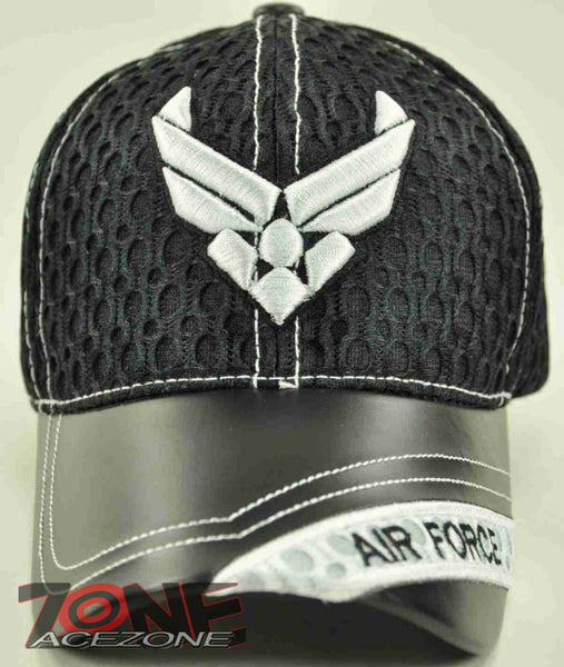 NEW! MESH W/LEATHER US AIR FORCE WING USAF CAP HAT BLACK