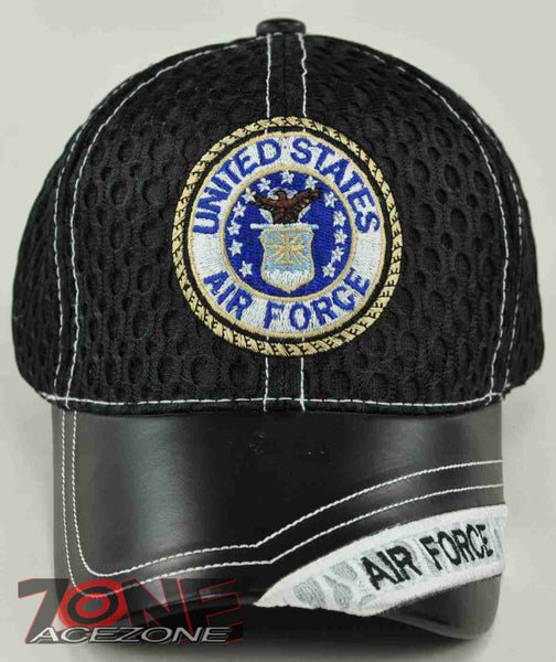 MESH W/LEATHER US AIR FORCE USAF CAP HAT ROUND BLACK