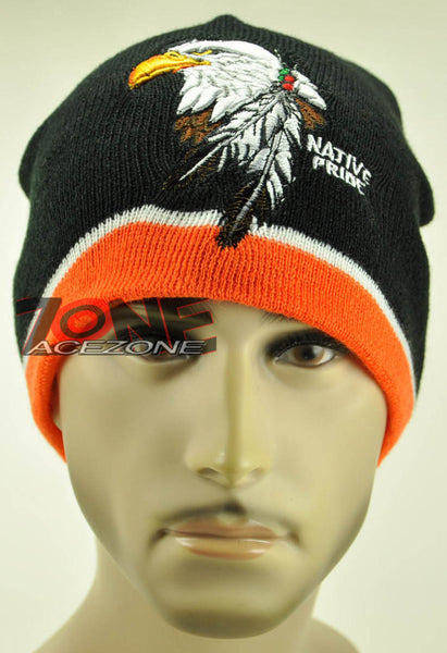 NEW NATIVE PRIDE EAGLE FEATHERS BEANIE KNIT CAP SKULL WN ORANGE