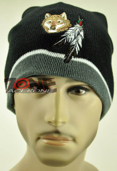 NEW NATIVE PRIDE WOLF FEATHERS BEANIE KNIT CAP SKULL WN GRAY