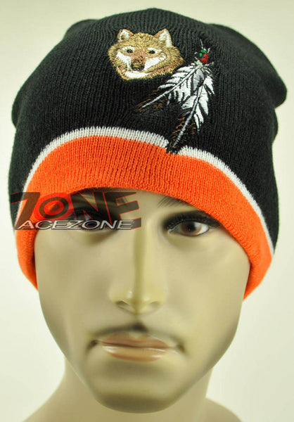 NEW NATIVE PRIDE WOLF FEATHERS BEANIE KNIT CAP SKULL WN ORANGE