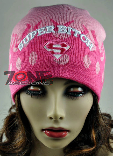 NEW SUPER BITCH BEANIE FLAME KNITTED CAP SKULL WN PINK