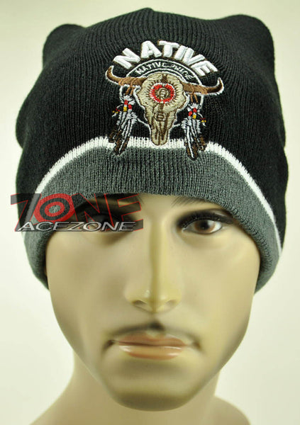 NEW NATIVE PRIDE AMERICAN BULL SKULL BEANIE KNIT CAP SKULL WN GRAY
