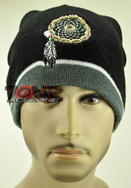 NEW NATIVE PRIDE FEATHER DREAM CATCHER BEANIE KNIT CAP SKULL WN GRAY