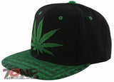 NEW! FLAT BILL MARIJUANA WEED LEAF CANNABIS POT SNAPBACK CAP HAT BLACK