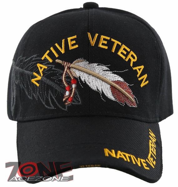 NEW! NATIVE VETERAN BIG FEATHER INDIAN AMERICAN BALL CAP HAT BLACK