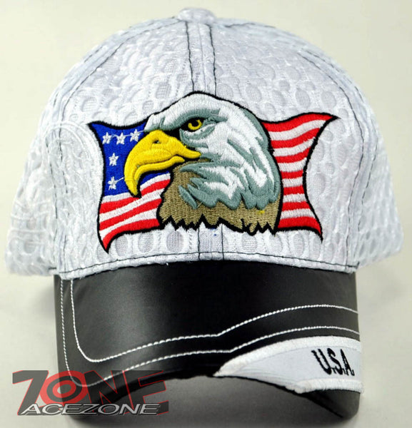 NEW! W/LEATHER MESH EAGLE USA FLAG MILITARY CAP HAT WHITE