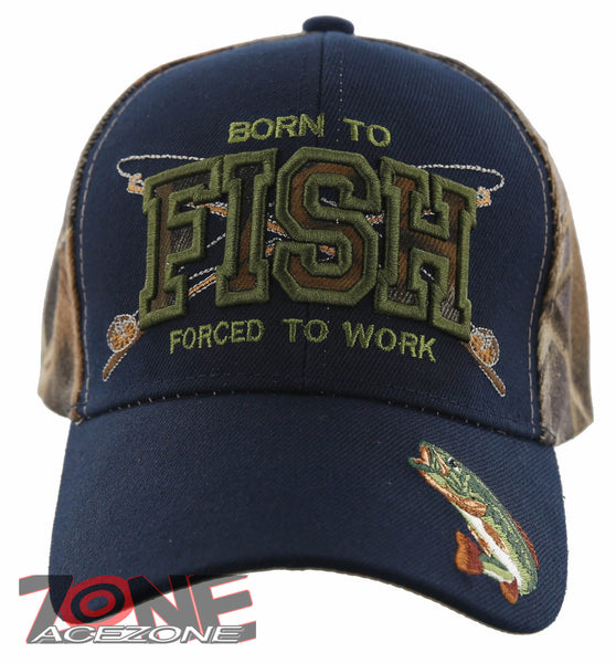 NEW! BORN TO FISH FORCED TO WORK OUTDOOR SPORT FISHING CAP HAT NAVY