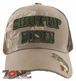 NEW! CAMO MESH BASS SHUT UP AND FISH FISHING BALL CAP HAT TAN